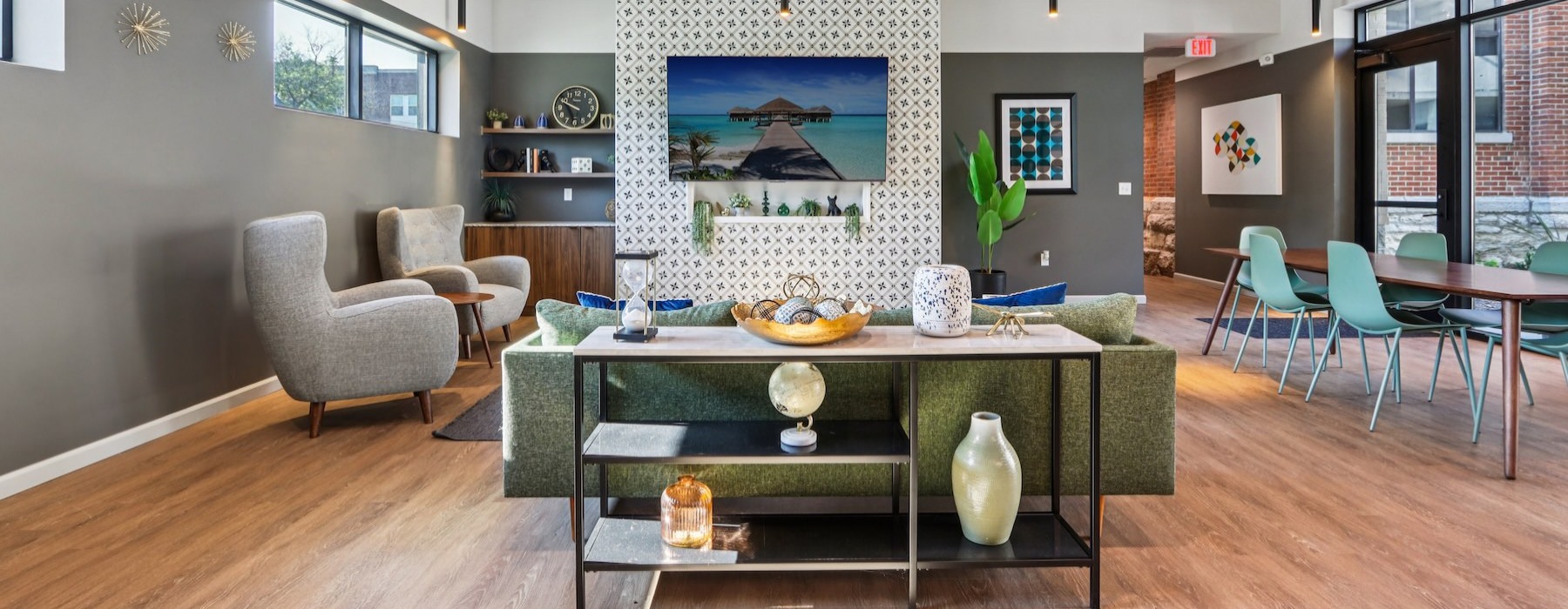 a room with a table and chairs